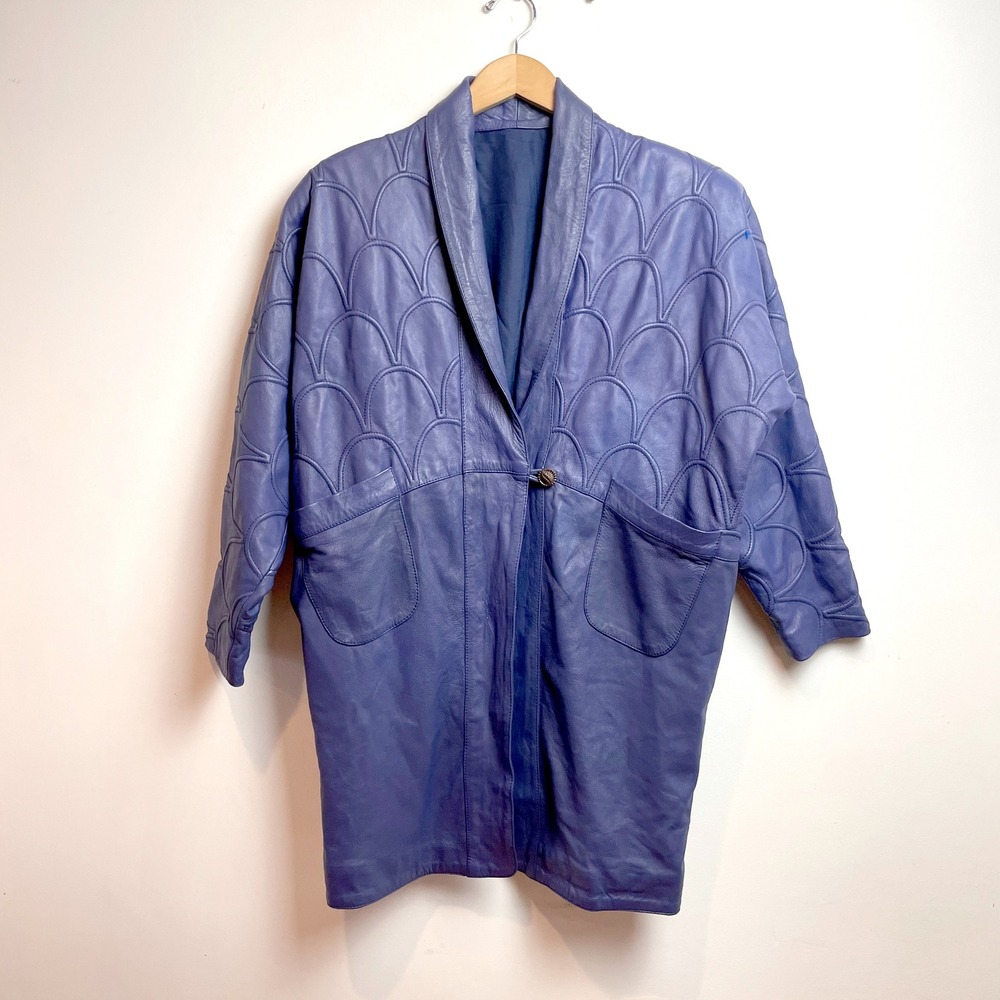 Purple Leather Quilted Car Coat Jacket Vintage 80s Avant Garde L/XL Maximalist